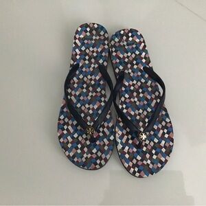 Tory Burch Marguerite Terra Thong Navy Blue with  Multi Color Geometric Pattern.